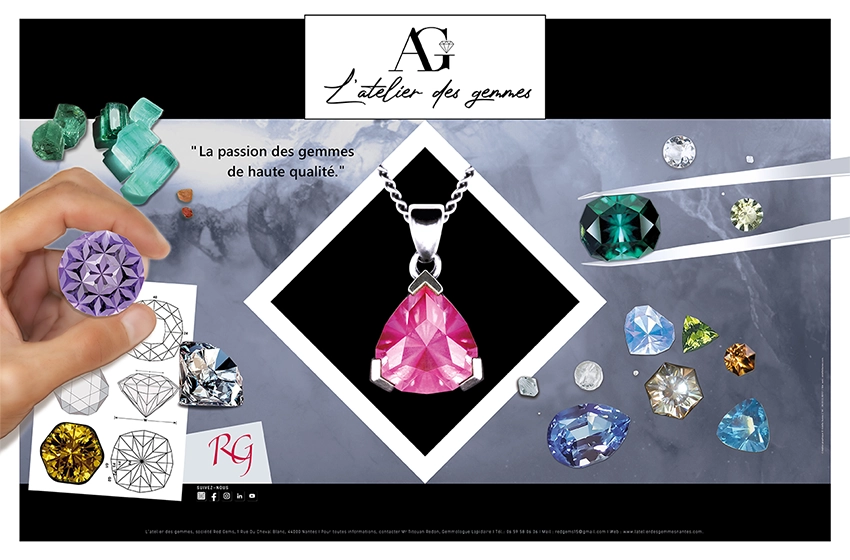 Création d'enseigne L'atelier des gemmes. Retouches, photomontages et illustrations. Suite Adobe.