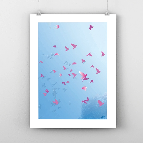 Affiche l'envol décor bleu, rose.