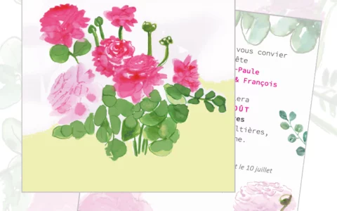 Carte florale illustrée et infographie PAO au verso.