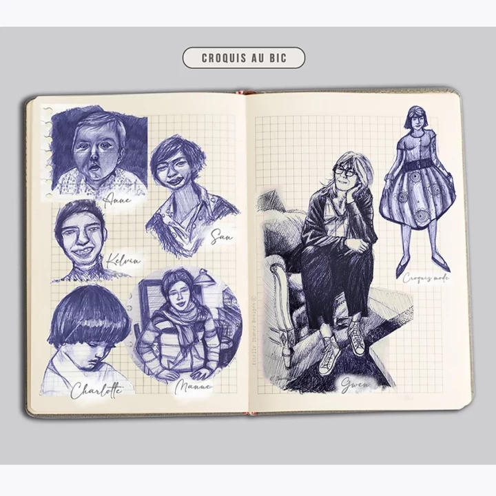 Carnet de croquis de personnes au bic.