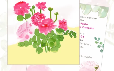 Carte florale illustrée et infographie PAO au verso.